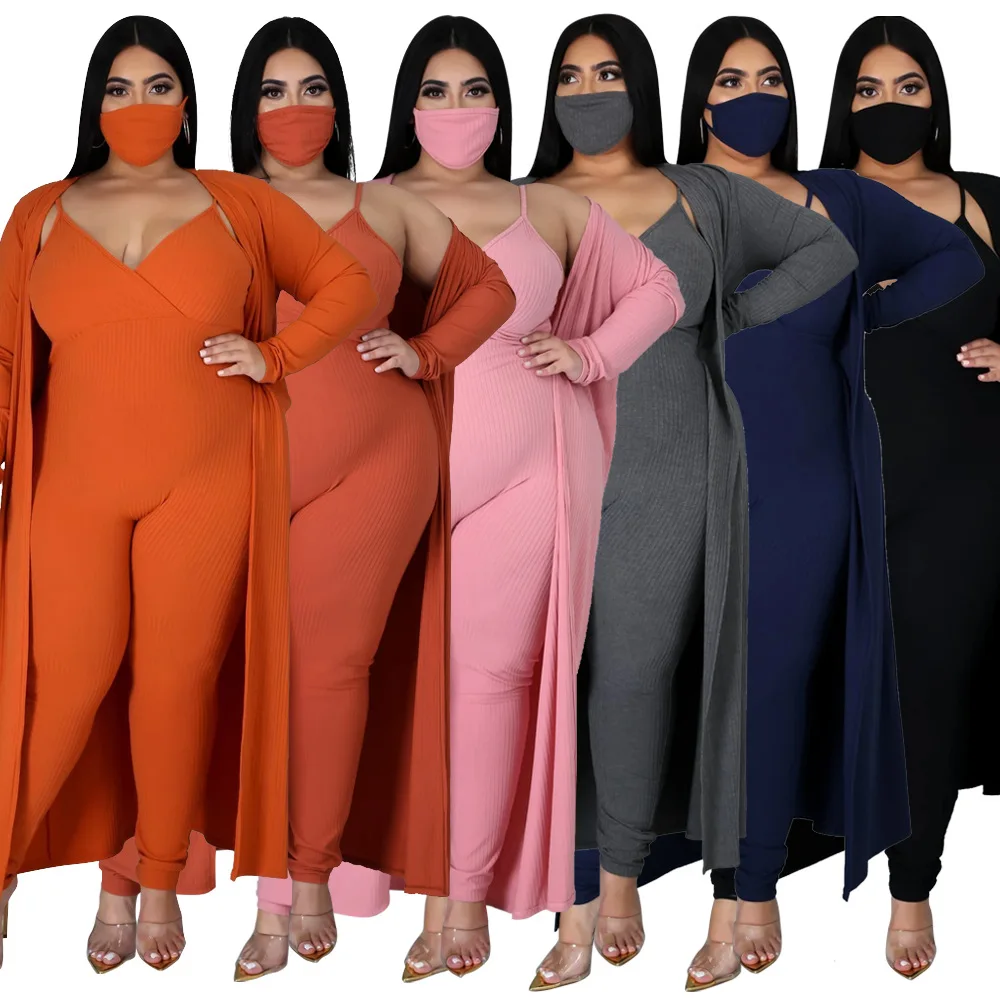 

GX1417 Solid color ribbed sexy suspenders jumpsuit with long sleeve trench coats plus size 2 piece set 2021 women clothing, Picture