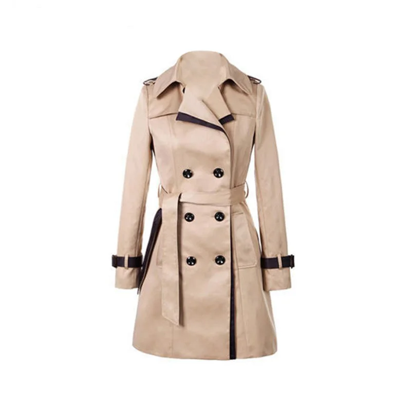 

Aelegantmis 2018 Autumn Women Double Breasted Long Trench Coat Khaki With Belt Classic Casual Office Lady Business Outwear Fall