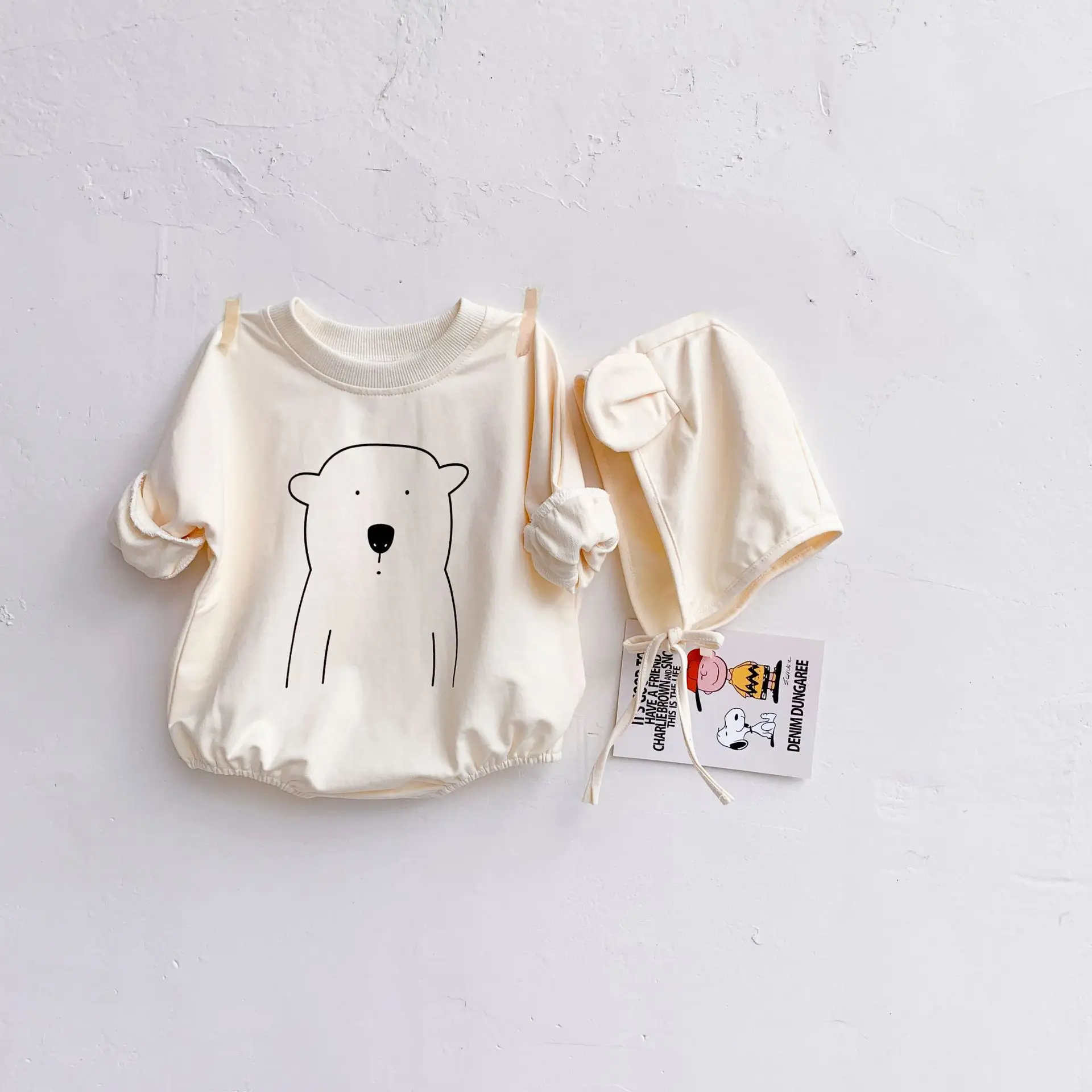 

Winter Cute Bear Style Pullover Long Sleeve Soft Cotton Baby Girl Boy Clothes Romper Toddler Cap Set With Snaps, As picture show