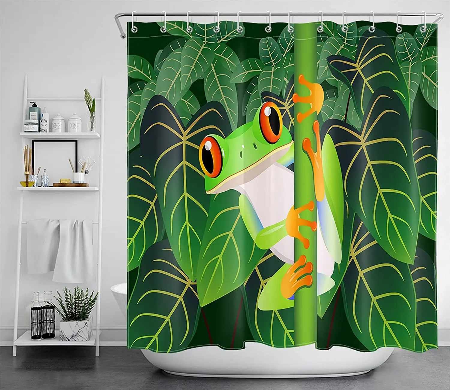 

Cute Frog with Green Palm Leaves in Forest Jungle Bathroom Shower Curtain Decor 3d Waterproof Polyester Fabric Bath Curtain