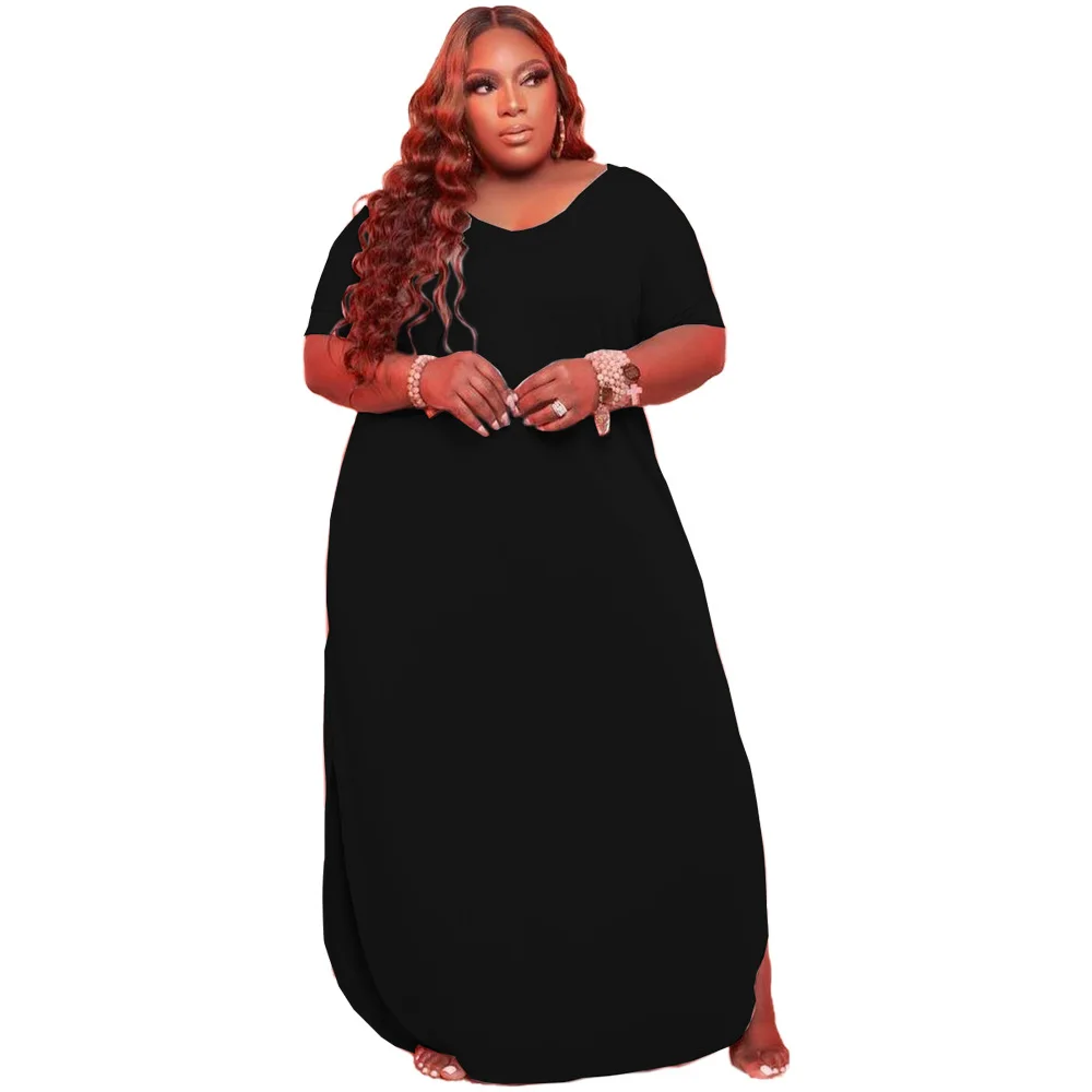 

2021 summer women's clothing trend solid color plus size dress casual loose slit long maxi dress, As picture