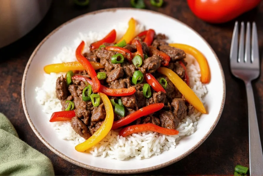 Slow cooker pepper steak served over steamed rice with colorful bell peppers and green onions