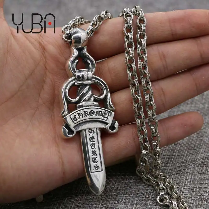

European and American Thai silver Sword Pendant 925 Sterling Silver Necklace long sweater chain pendant Hip hop accessories