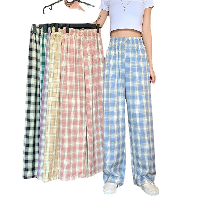 

Plaid wide-leg Pants Woman Loose Slim Summer Slim Straight leg Casual High-waisted Plaid Harbor Style Pants