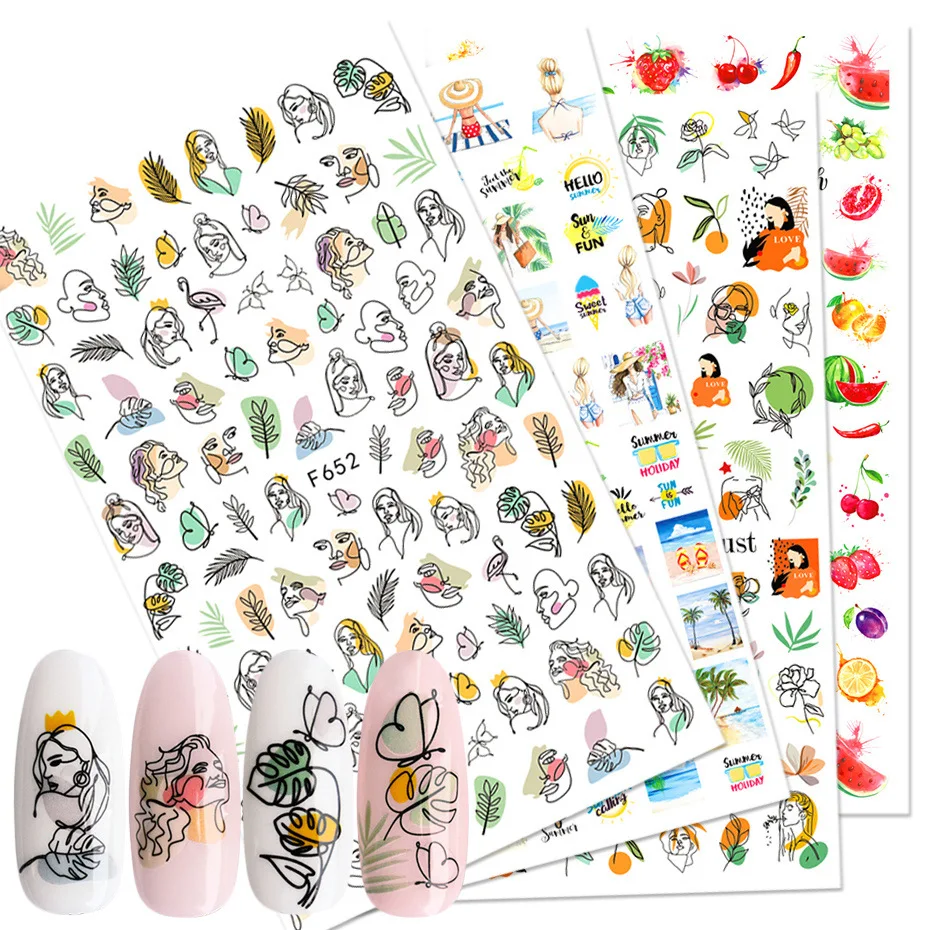 

New Summer Nail Leave Letters Nail Stickers Adhesive Decal Summer Drinking Fruit Slider Laser Nail Art Decoration Manicure Wrap