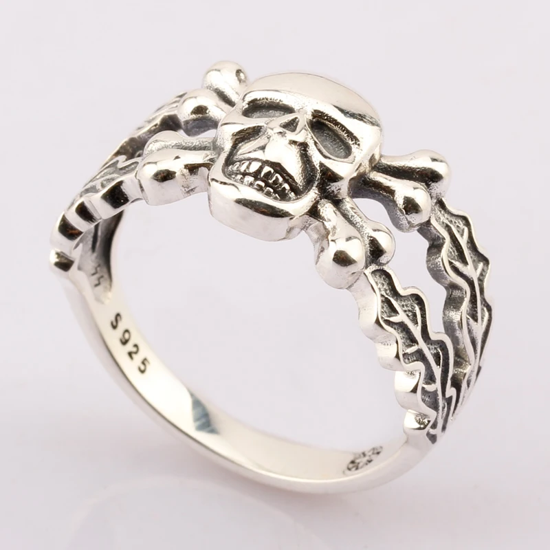 

925 Real Silver Double Bone Skull Ring with Leaf Gothic Punk Cool Style Biker Hiphop Rock Jewelry Ring, Rhodium /white gold plated