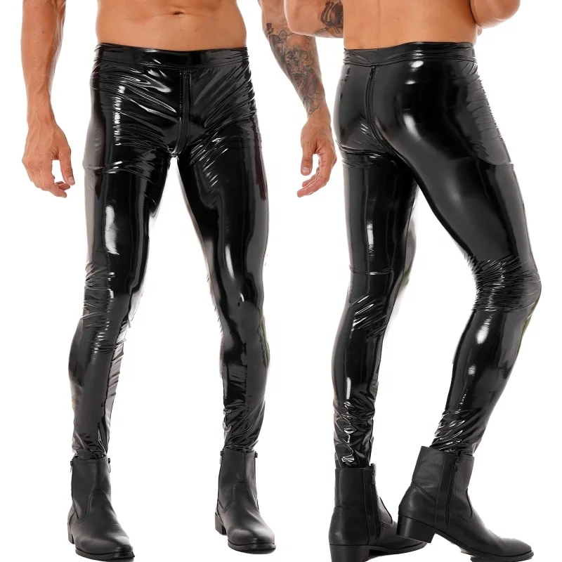 

In Stock Mens Two-way Zipper Crotch Trousers Wet Look Patent Leather Skinny Leggings Pants for Clubwear