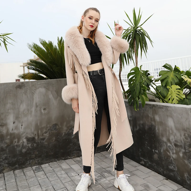 

Custom Winter Elegant Women Long Style Tassel Cashmere Wool Coat With Real Fox Fur Collar, Picture ,can custom