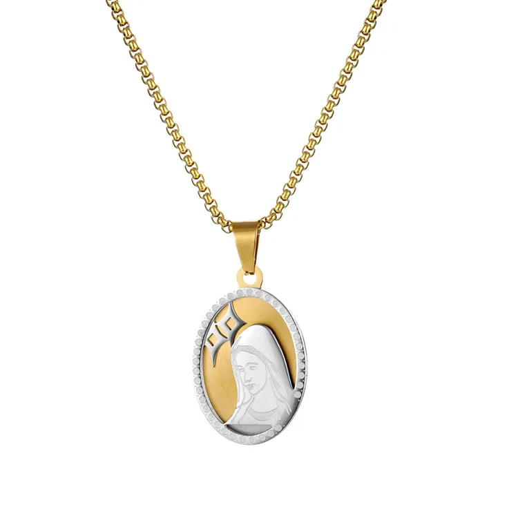 

Trendy 316 stainless steel jewelry oval gold virgin mary pendant personalized nameplate necklace for women and girls