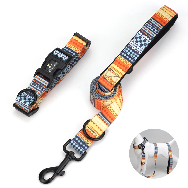 

Customized Waterproof Print Running Hook Fashion Dog Leash And Harness Collar Set With Soft Handle, Picture shows