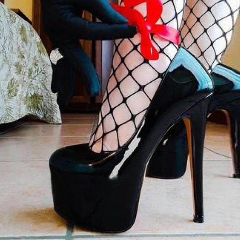 

Sexy Black Party Nightclub Stripper Pumps Woman Fashion Round Toe Platform Lace-up Thin High Heels Ankle Strap Ladies Shoes