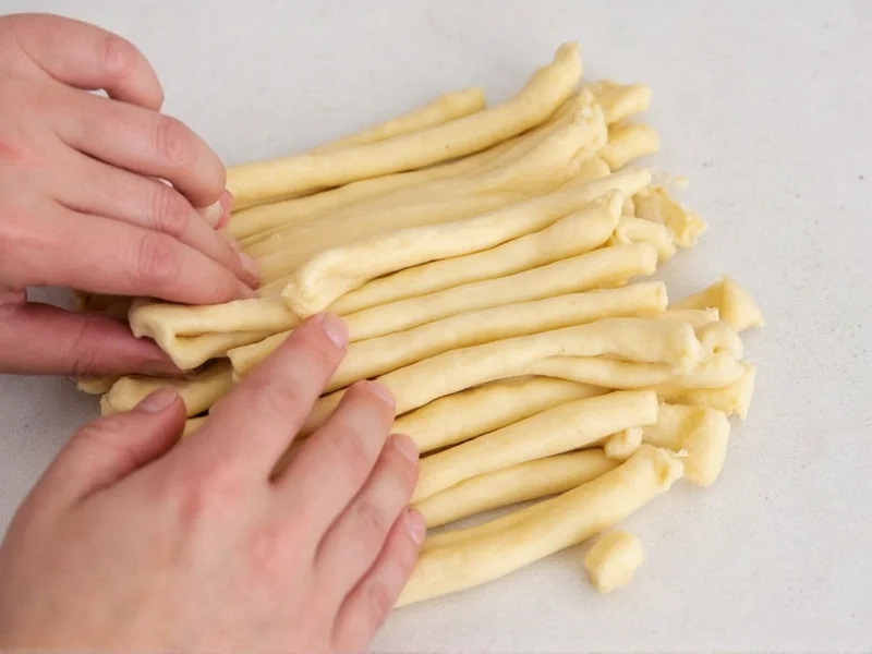 Hands shaping breadstick dough into thin ropes