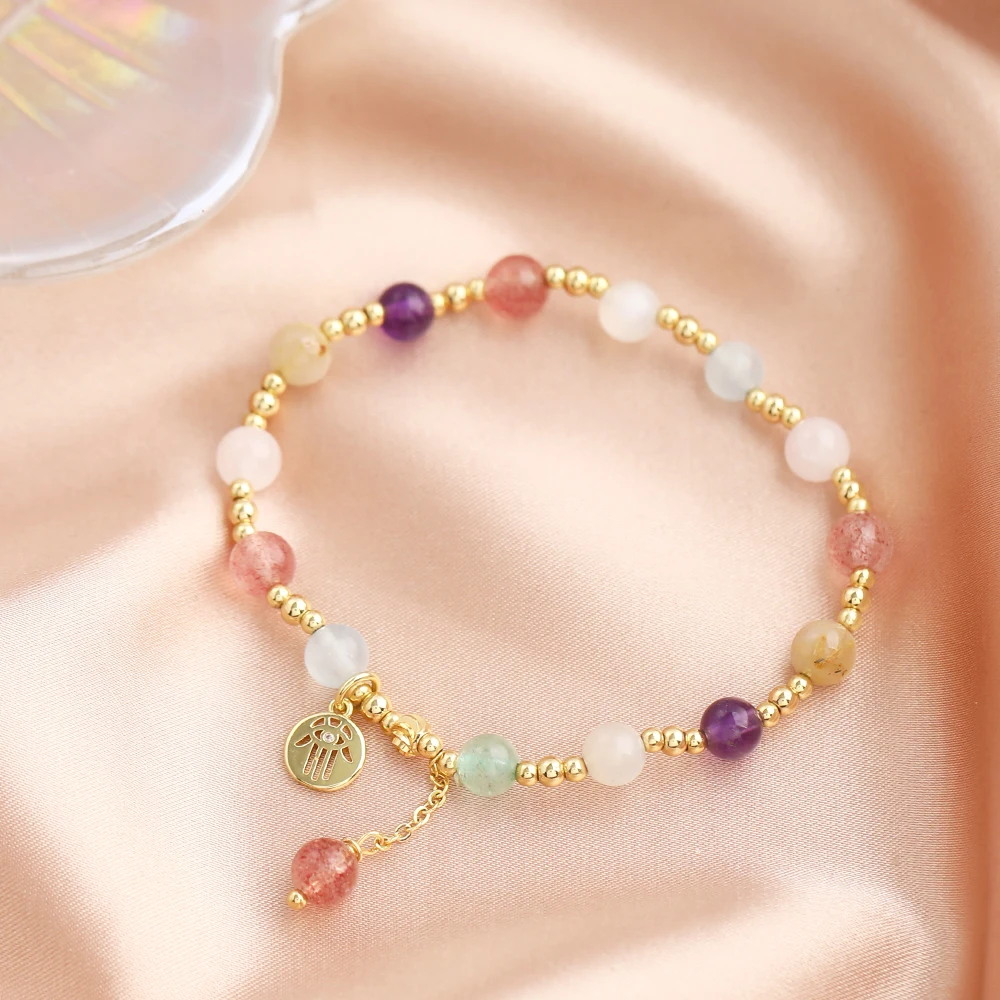 

Temperament natural color gem women's bracelet Colorful Jade Charm Elastic Lucky Bracelet For Girl