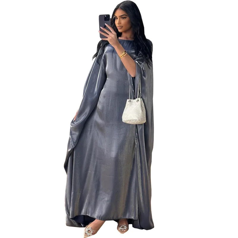 Elegant Satin Abaya Dress Bat Sleeves