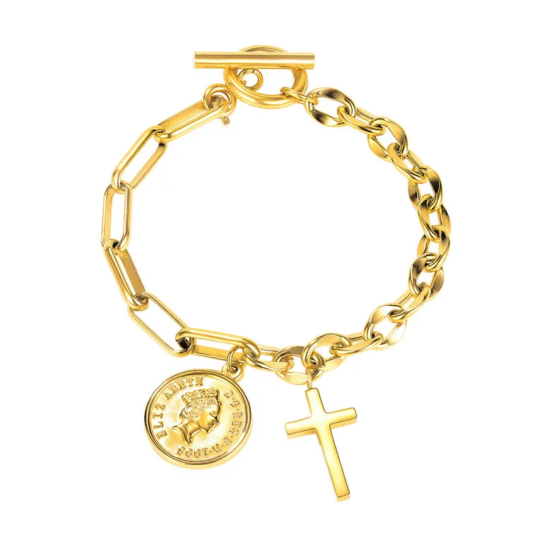 

Simple OT buckle women portrait coin bracelet women coin bracelet with cross charm