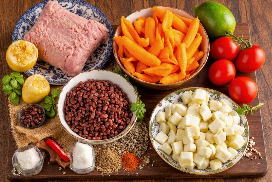 Colorful homemade chili ingredients including lean ground turkey, fresh vegetables, beans, and spices arranged on a wooden table