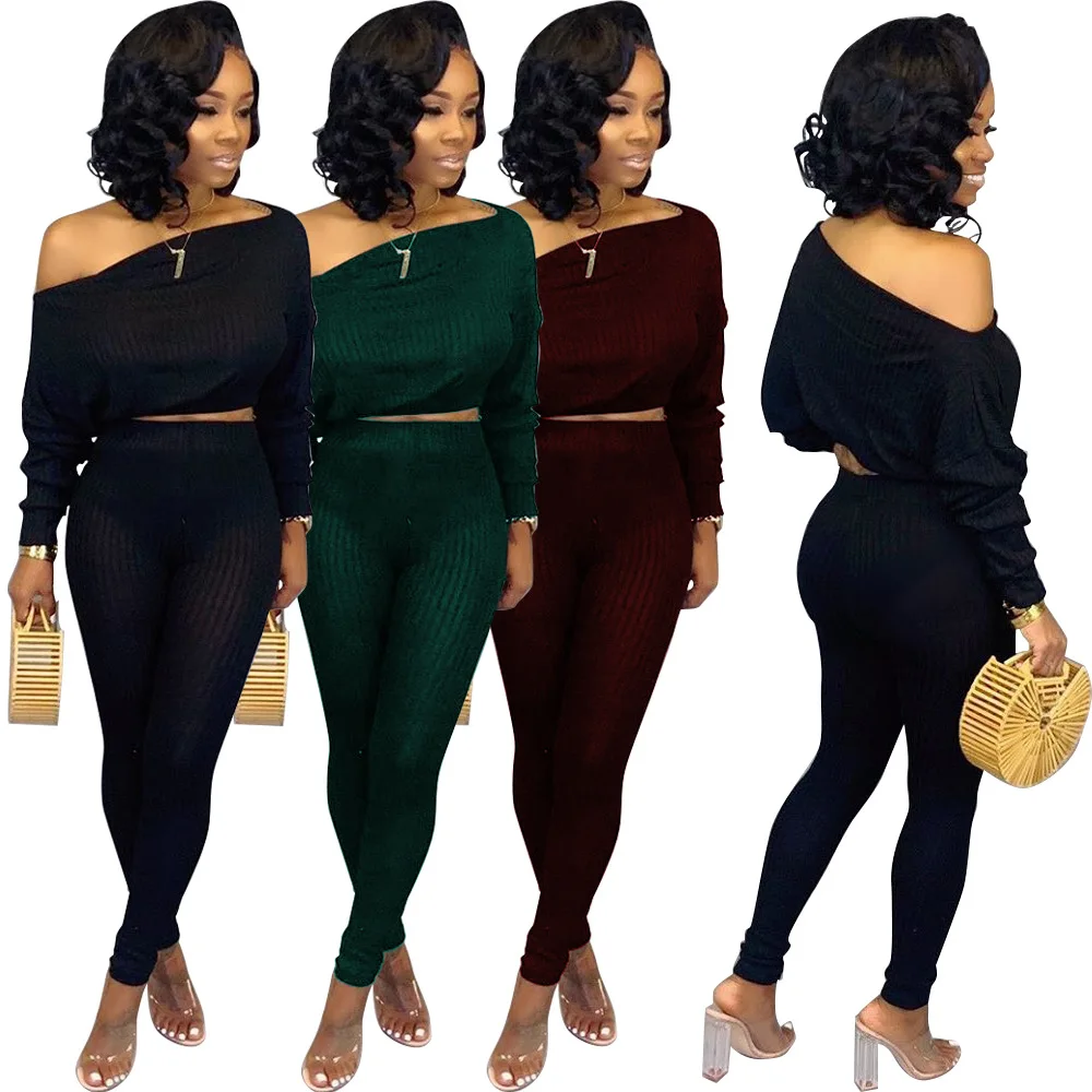 New Arrivals Spring Fashion Women One Off Shoulder Long Sleeve Crop Top Slim Pants 2 Pieces Set Solid Knitted Outfits Jumpsuit