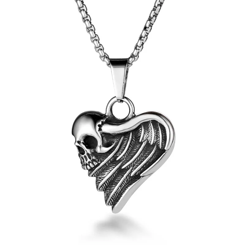 

Hiphop jewelry 316l stainless steel skull heart wing pendant necklace