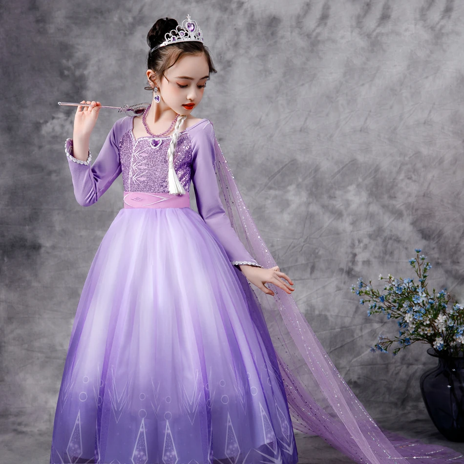 

Elsa Dress Snow Queen 2 Girls Princess Dress Purple Long Sleeve Christmas Carnival Kids Cosplay Costume Wedding Dress