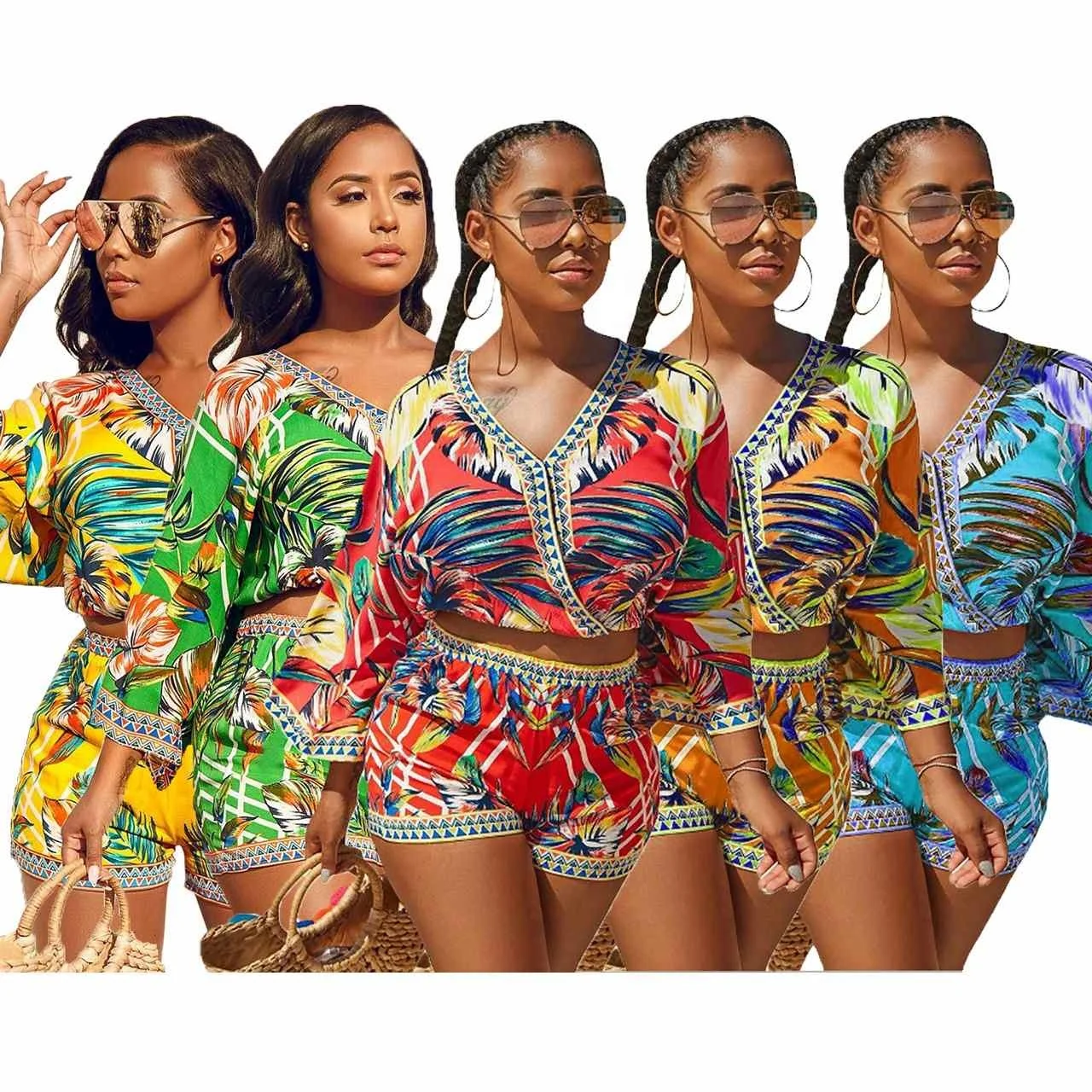 

VOOGUE Summer Women's Suit Digital Printed Boho Shorts Suit