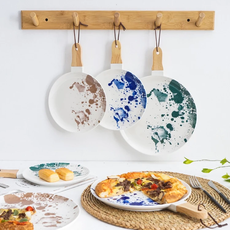 

Manufacturers direct wholesale ceramic dinner plate creative wooden handle plates for restaurants, As picture shown