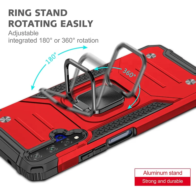 

New Military Shockproof Metal Ring Holder Strong Magnetic Car Mount Back Phone Cover Case for Huawei Honor 20, Black, red, rose gold, silver, army green, blue, green