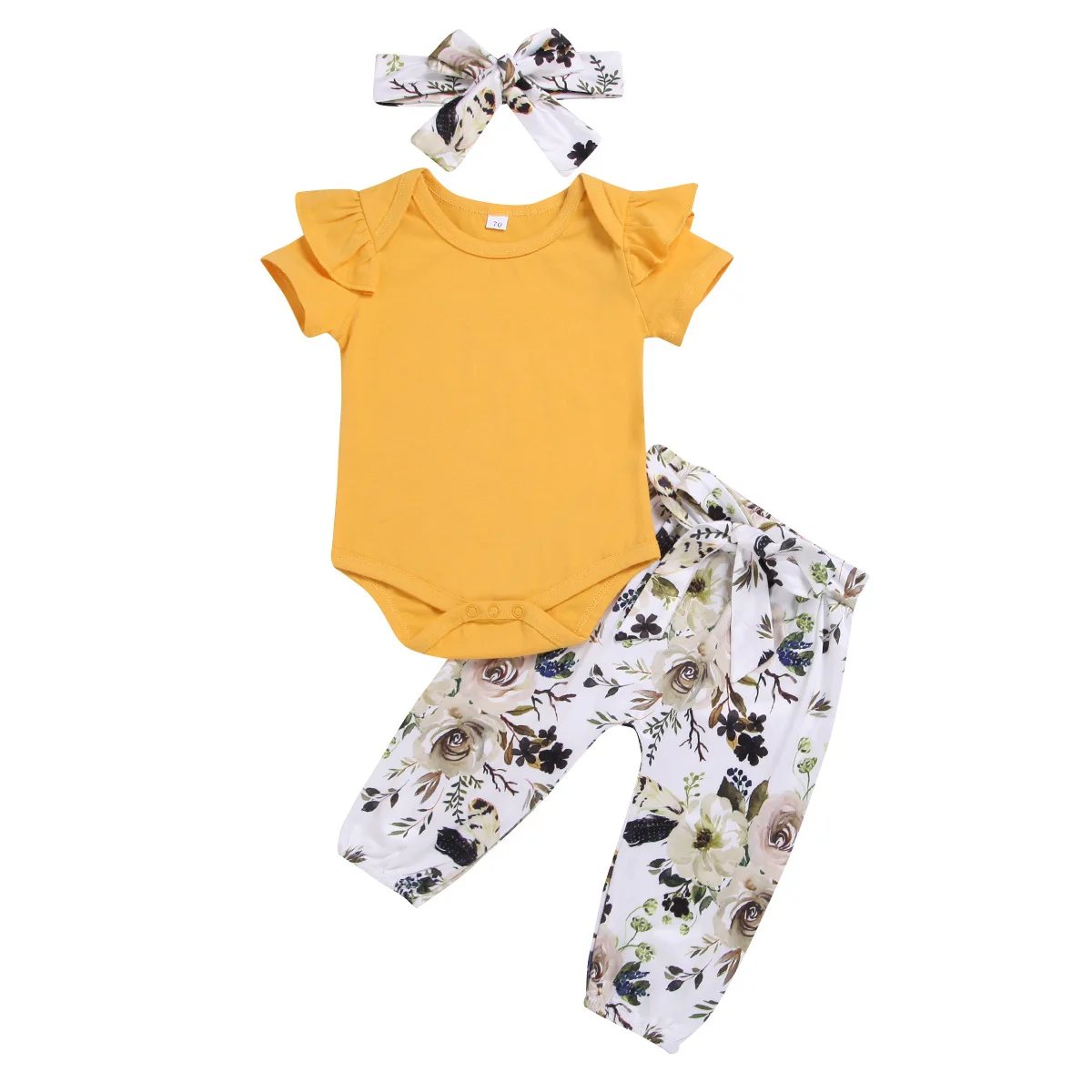 Infant Ruffle Short Sleeve Rompers+floral Print Pants+headband Summer ...