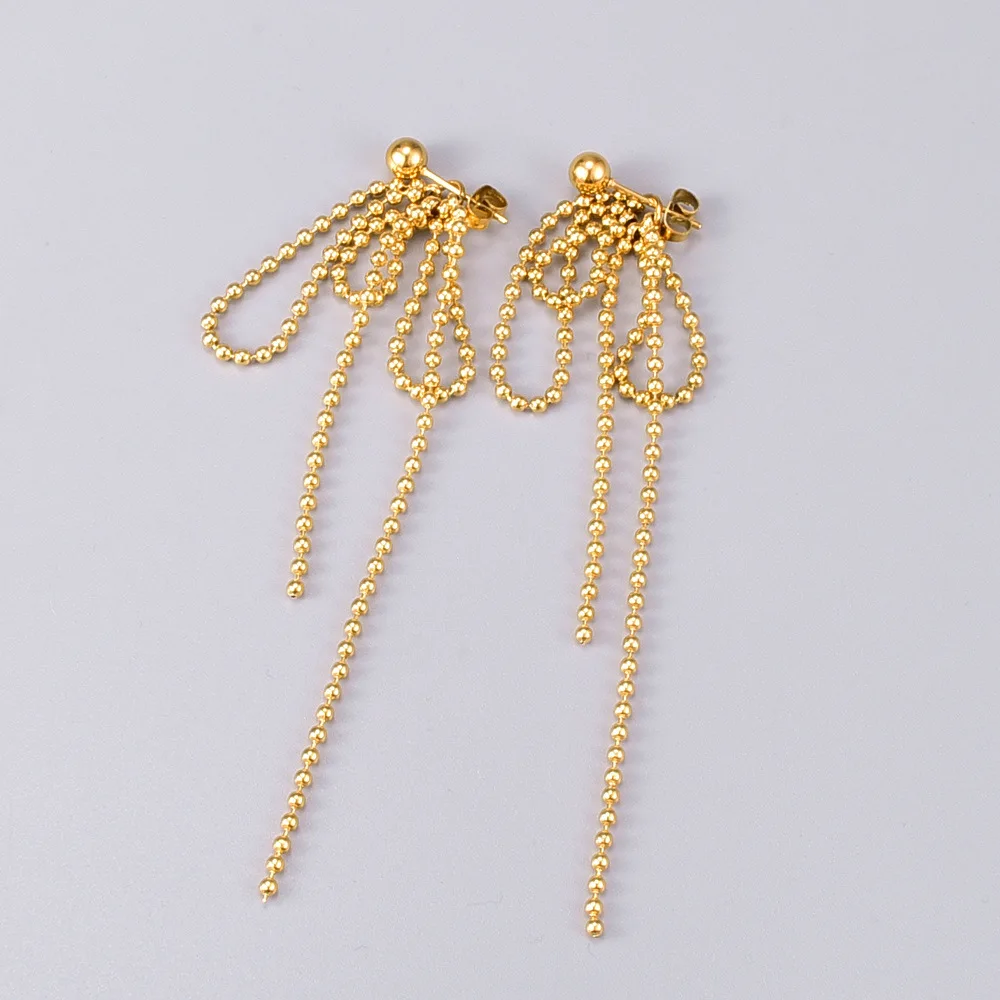 

Korean Style Versatile Titanium Steel Bead Chain Tassel Earring Wholesale Women Stainless Steel Beads Tassel Back Stud Earrings