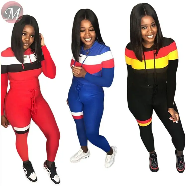 9082005 queenmoen fashion autumn stripe spliced hooded long sleeve sweatshirt casual women sports clothing two piece pants set