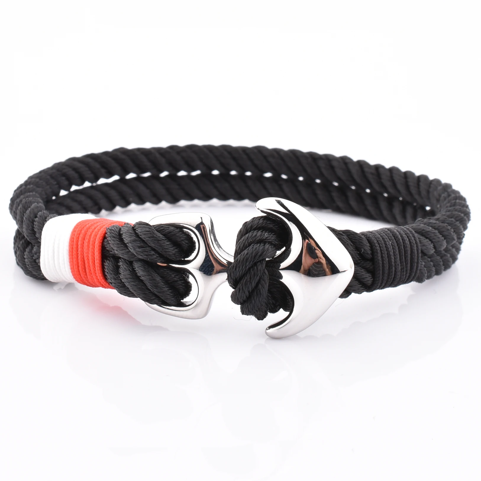 

Best Selling Black Nylon Available Wrap Antique Silver Anchor Man Bracelet