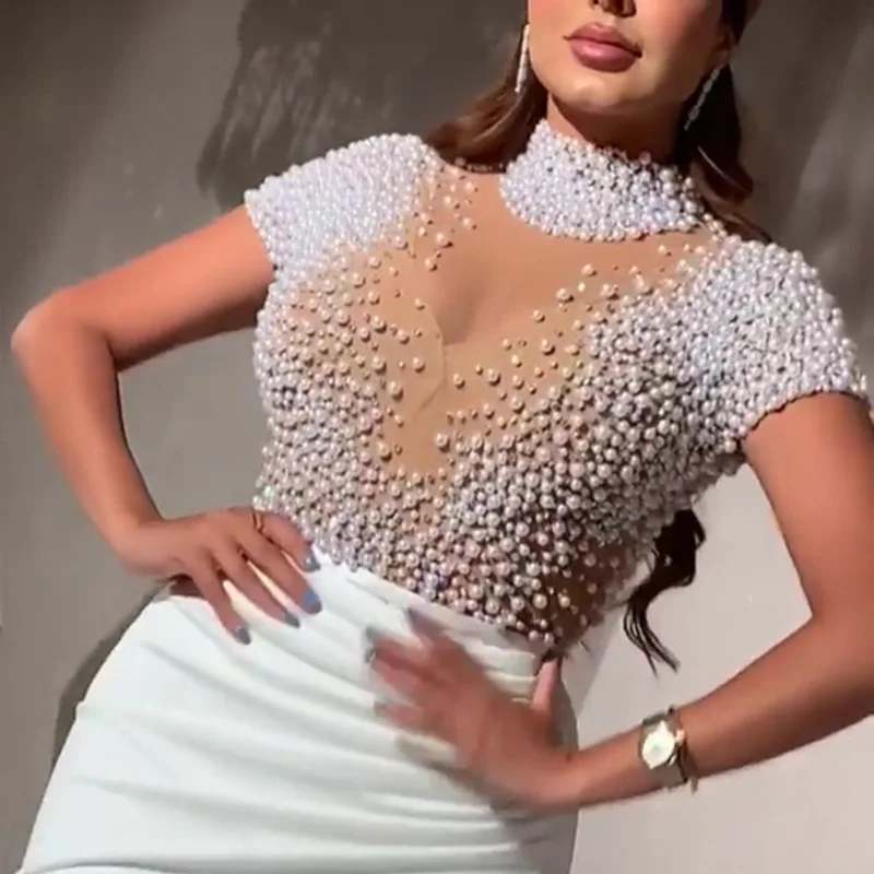 

2021 New Arrival Hot selling High Quality Perfect Designs Sheer Mesh Transparent Pearl Elegant Evening Dresses Prom for Women, Picture