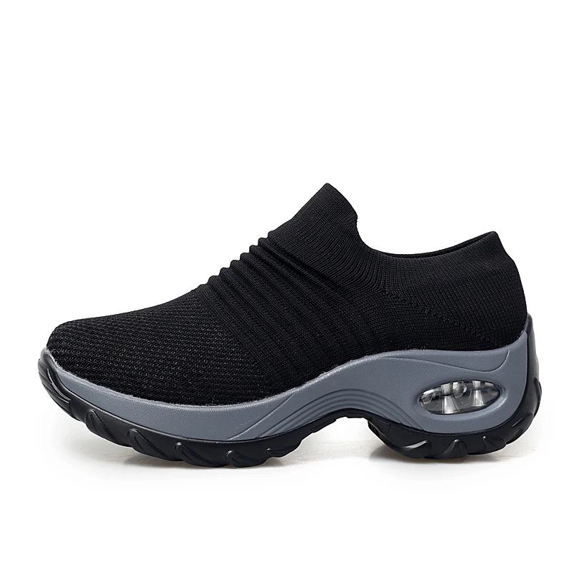 
2020 Low price wholesale pu air cushion black color ladies Thick bottom slip on shake shoes womens platform sneakers 