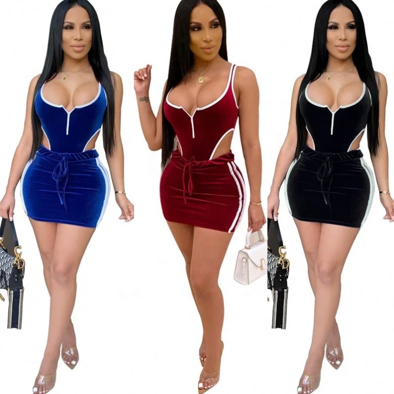 

Hot Style Summer Women's Sexy Stitching Halter Hollow Casual Sports Hip Skirt Plus Size Two Piece Set