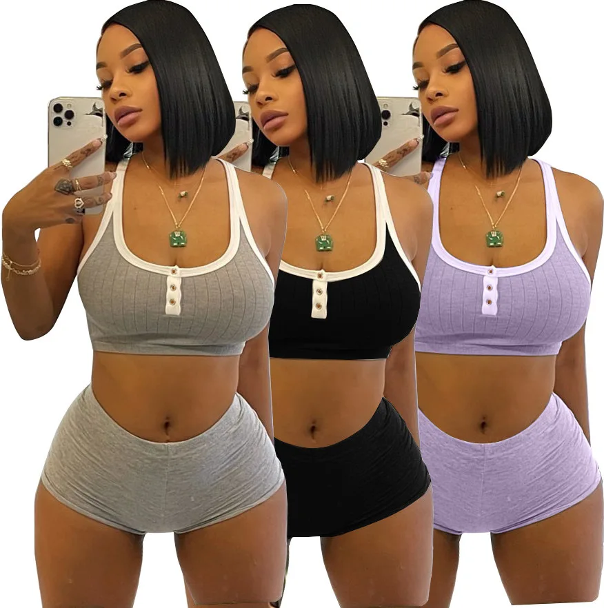 

2021 High Quality Bodycon Off Shoulder Vest Crop Top and Shorts Summer Jogging Biker Sportswear Two Piece Short Set