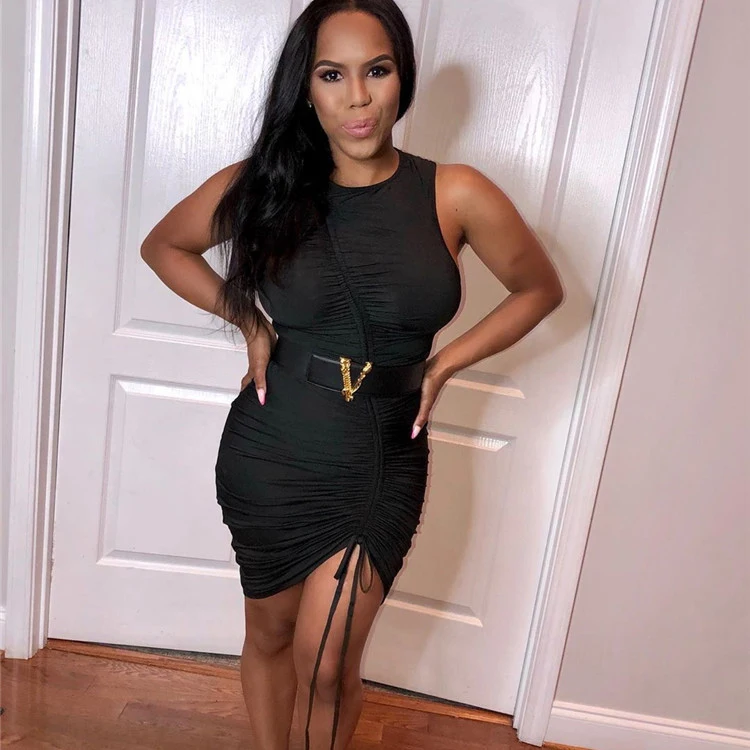 

Casual Drawstring Adjustable Length Pleated Sexy Dress Night Club Sleeveless Dress Ladies Sexy Dresses Gray Solid Color