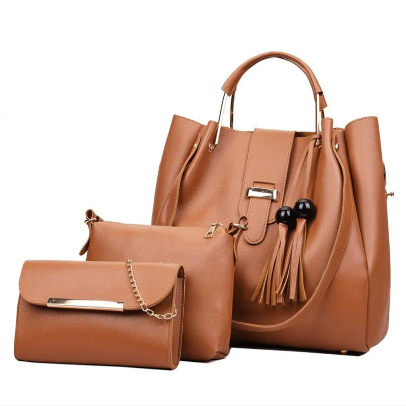 

Latest new design lady handbags pu leather 3pcs set handbag tassel lady handbag, White / red / black / grey / pink / brown