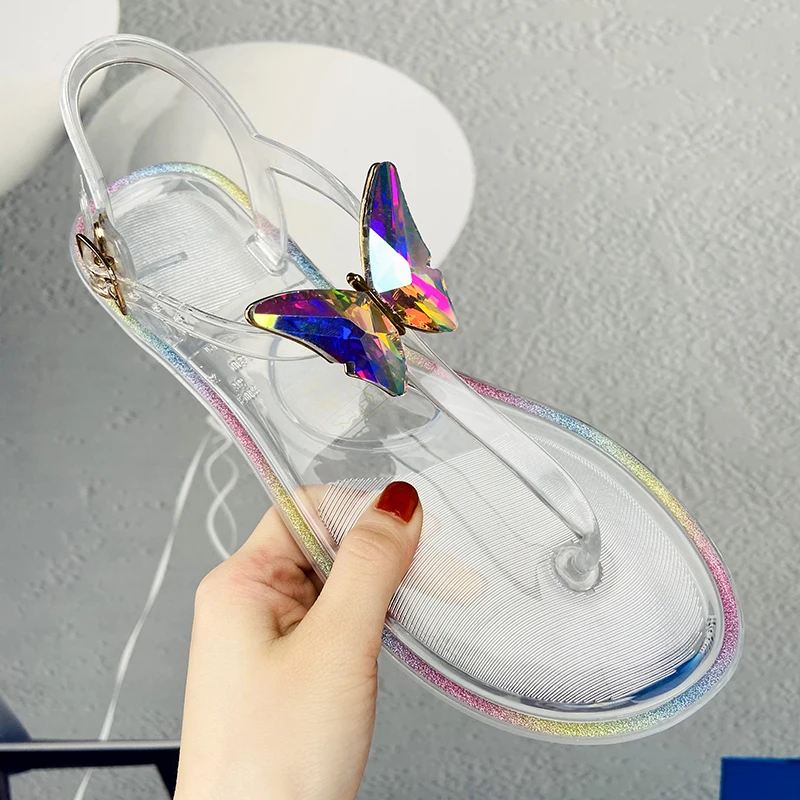 

Woman Fashion Beach Jelly Summer Flat PVC Butterfly Rhinestone Sandals, Picture color
