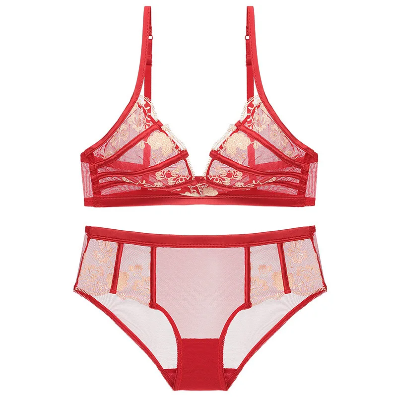 

New design women gathered bra set ladies ultra-thin cup sexy lace underwear