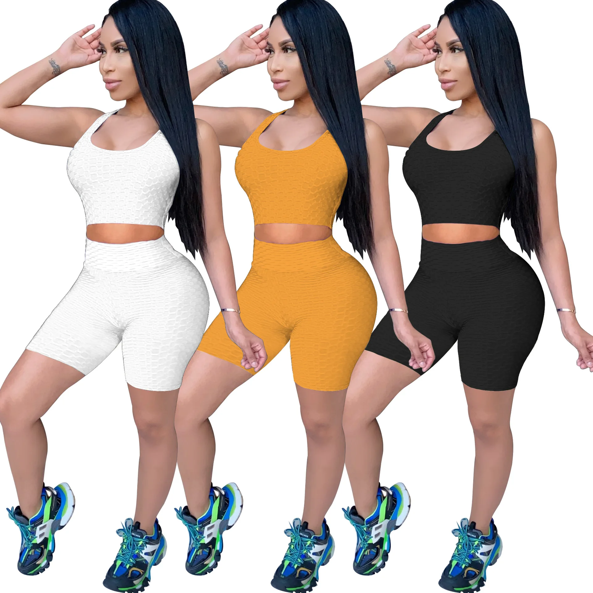 

2021 summer new arrivals plus size Sleeveless bubble sports solid color suit shorts summer yoga set women clothes clothing, Picture shows