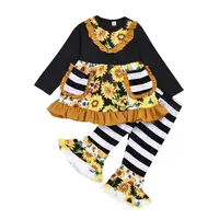 

Girls Boutique Clothing Sets Cotton Children Kids Ruffle Outfit Sunflower Stripe Bell Bottom Girls outfits