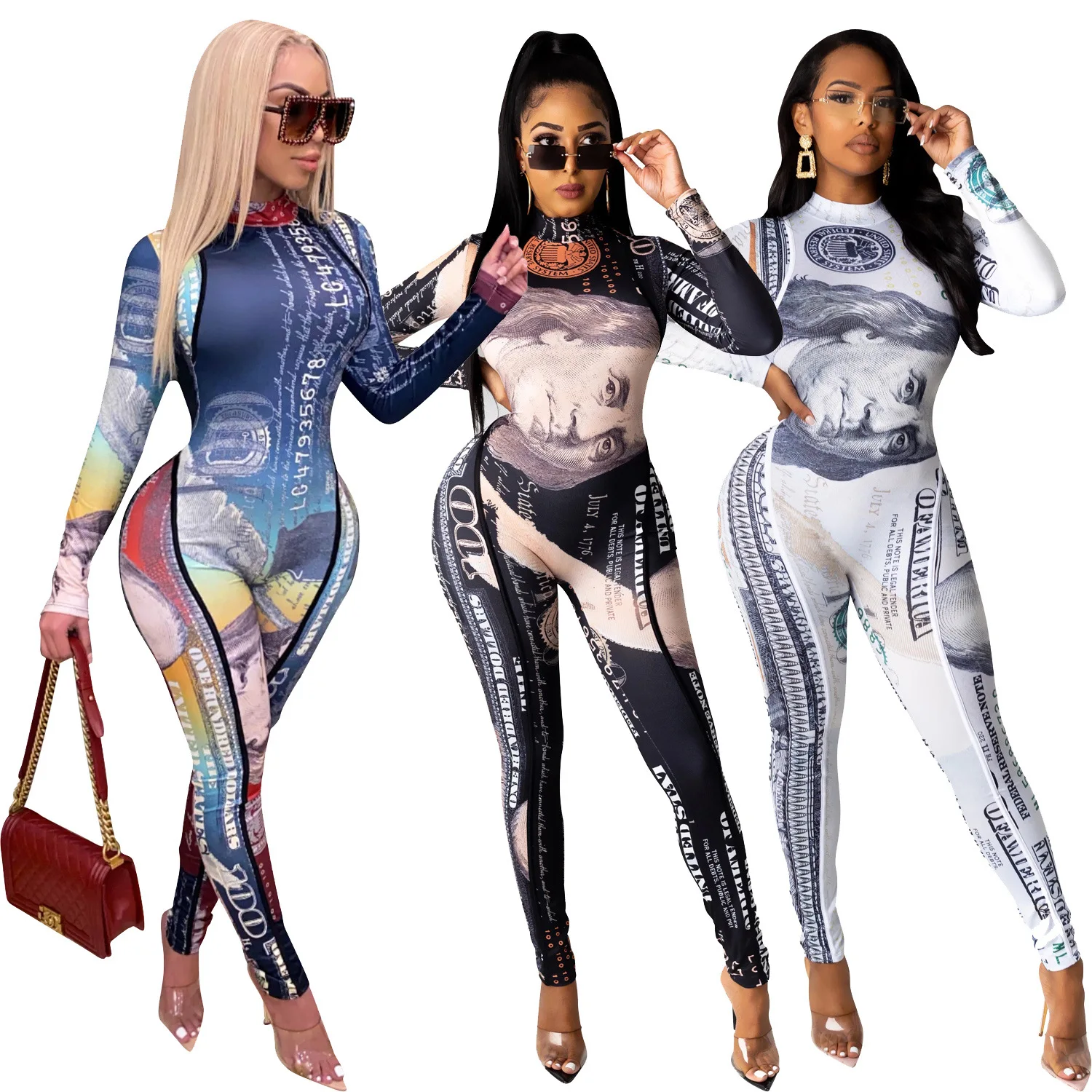 

2021 Wholesale Spring Money Print Bodycon Jumpsuit Adult Romper One Piece Long Sleeve Jumpsuits For Women, Blue, black, white
