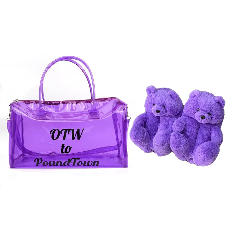 

Drop Shipping luxury gift adult plush  fits all sets warm women ladies bear slippers with matching spend da night bag, Red,pink,purple,blue,khaki,brown,colorful, rainbow