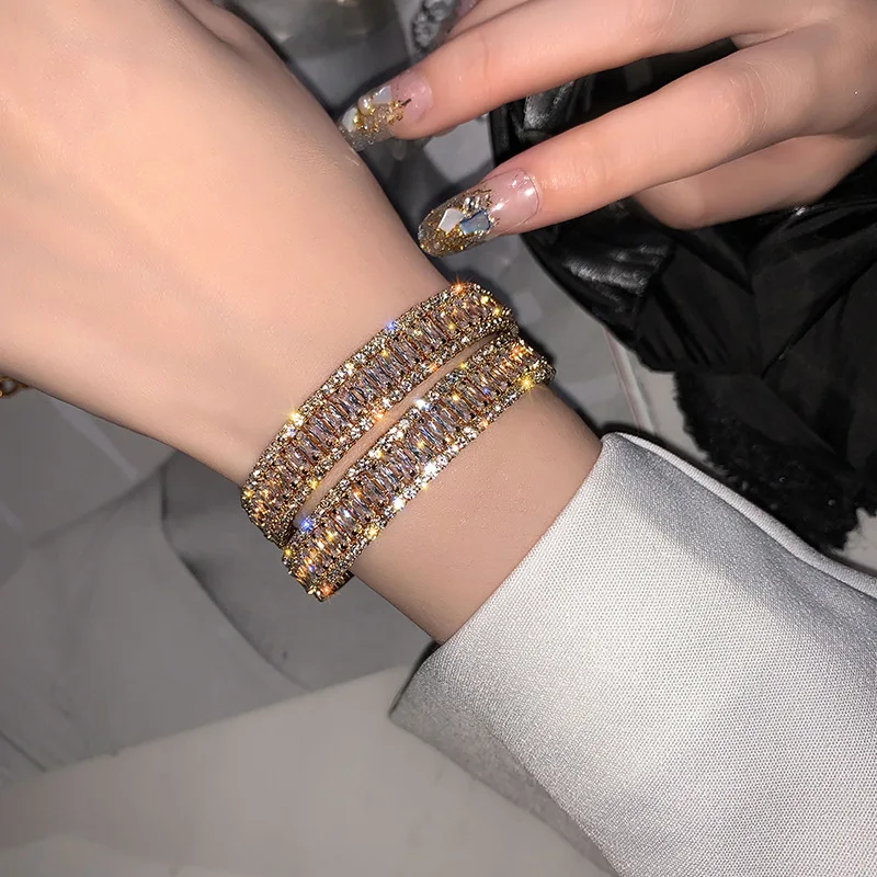 

2021 Luxury Wide Shiny Rhinestone Tennis Chain Bangle Bracelet Open Bling Sparkle Diamond Crystal Bracelet For Weeding Party