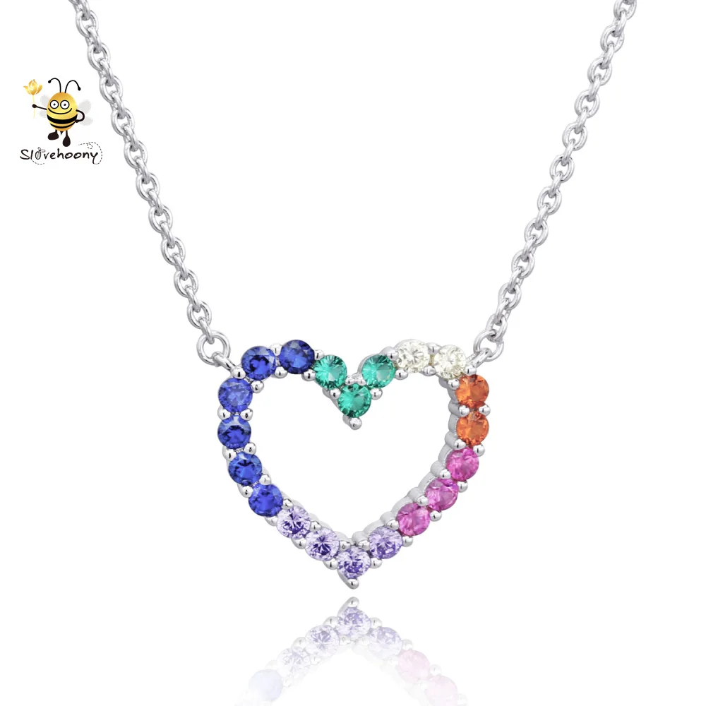 

Rhodium Plated 925 Sterling Silver Lucky Love Collar Colorful Jewelry Heart Pendant Pave Rainbow Stone Link Chain Necklace, Sliver/blue/pink/rose/gold