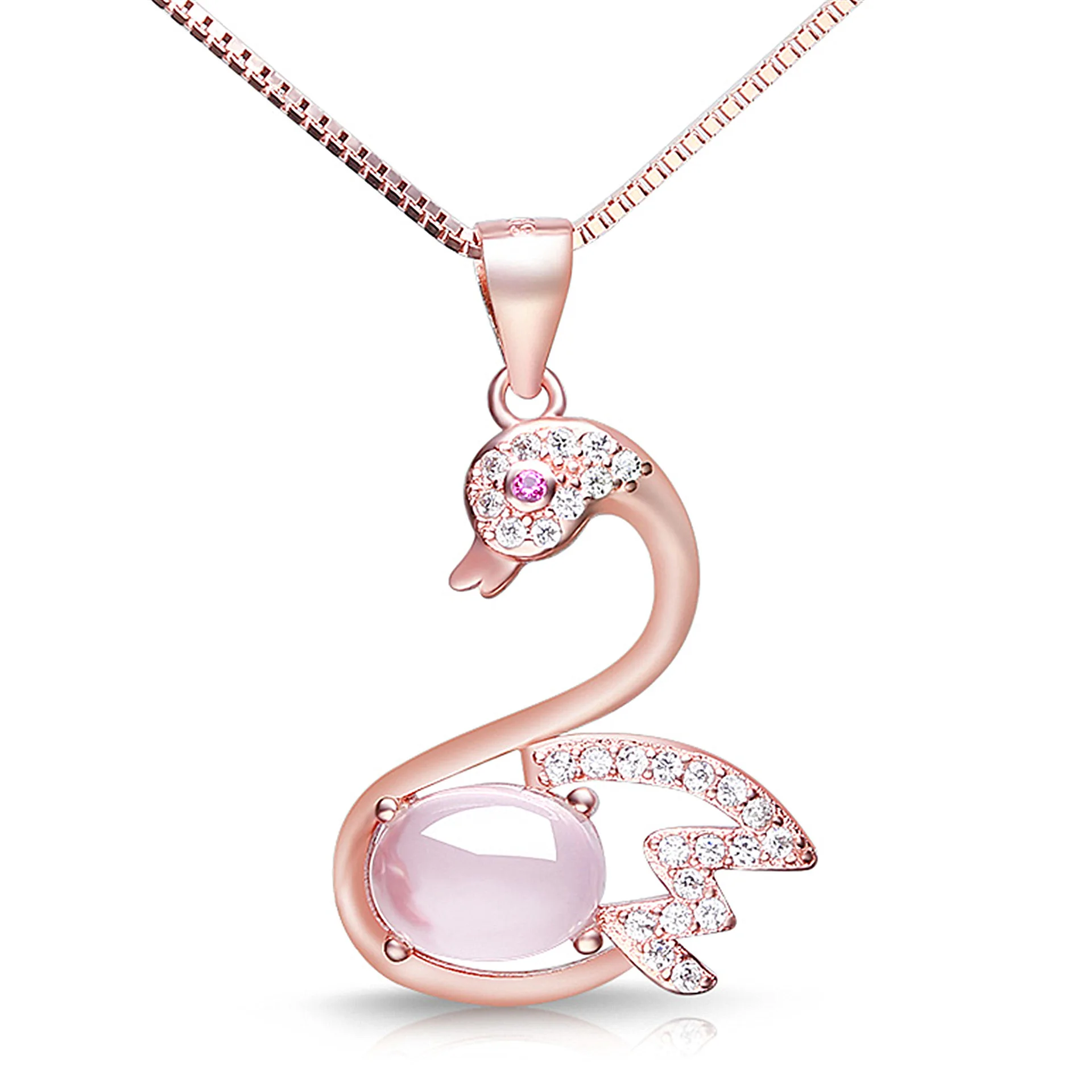 

Pink crystal swan pendant Box chain 925 rose gold plated necklace Hibiscus stone clavicle chain for women