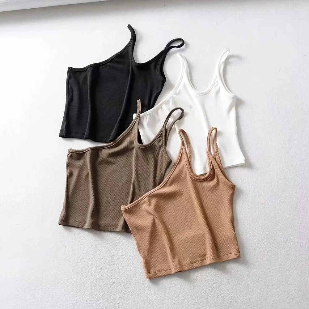 

New Fashion Solid Color Sling Vest Top Women Casual Short Plain Dyed Spring V-neck Tank Tops