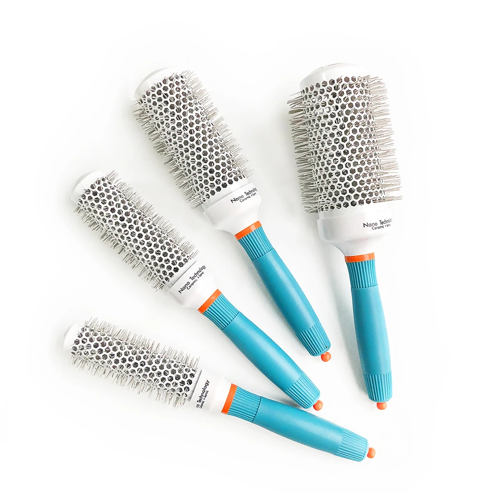 

Different Size Professional Salon Nano Ionic Technology Ceramic Round Blow Nylon Bristle Hair Brush, Blue&white
