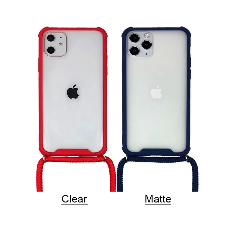 

For iPhone 11 Pro With Lanyard Strap Clear Bumper Matte Transparent Phone Case, Black, red