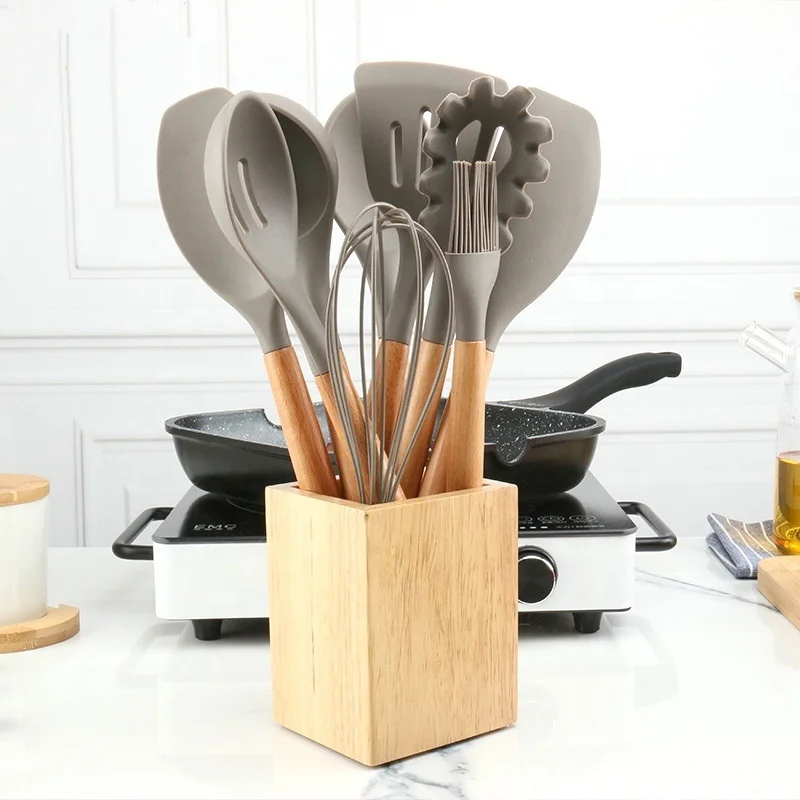 

Kitchen Utensils Set Silicone Cooking Utensils Heat Resistant Kitchen Tools Wooden Handle Spoons Kitchen Utensil Set with Holder, Gray