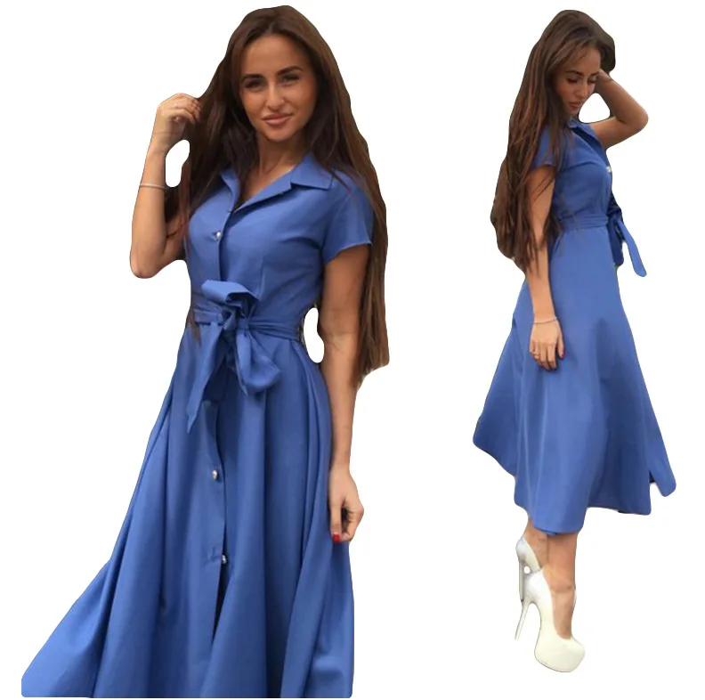 

6Color S-XXL Single Breasted Short Sleeve Women Swing Dress Summer Clothes Casual Long Shirt Dresses Ladies OL Style Office Wear